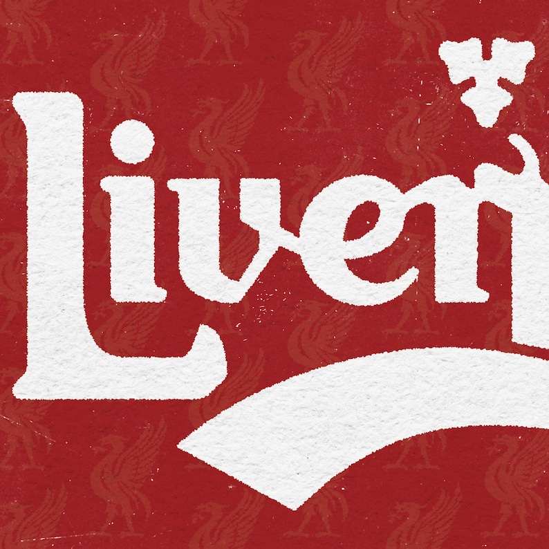 May include: A red background featuring a repeating pattern of white Liver bird silhouettes. The word Liver is printed in large white letters across the centre, with a white stylised emblem positioned above the letter r.