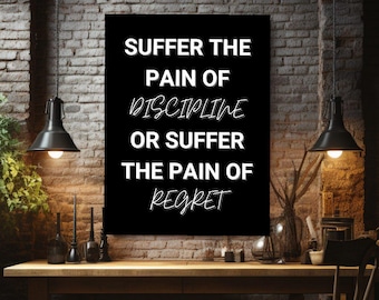 Motivationsbild „Disziplin und Reue“ auf Leinwand – Inspirierender Spruch für Büro, Fitnessstudio oder Zuhause – Geschenkidee