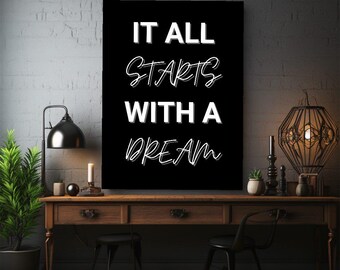 Tableau sur toile « Commence par un rêve » avec citation inspirante - Décoration murale pour bureau, salle de sport ou maison - Cadeau