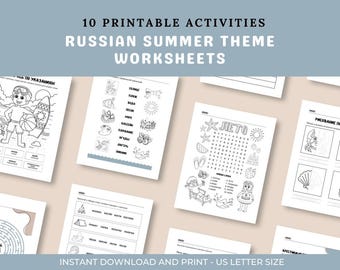 Russian Worksheets with Coloring, Bilingual Printable Summer Activities, Learn Russian for Kids PDF