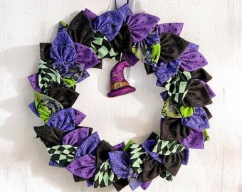 DIY Halloween Wreath Kit – Purple & Green Quilt Fabric | Front Door Halloween Decor | Beginner Craft Kit | Finished Wreath Option