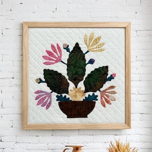 Handmade Applique Quilt Art - Framed Wall Hanging | 16&quot; x 16&quot; | Flower Garden - Cactus | Framed Quiled Wall Decor | Quilted Wall Art