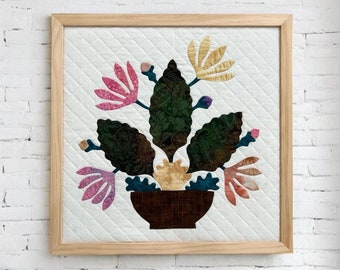 Handmade Applique Quilt Art: Framed Cactus Flower Garden Wall Hanging