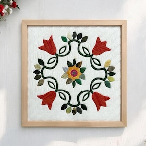 Handmade Applique Quilt Art - Framed Wall Hanging | 16&quot; x 16&quot; | Flower Garden - Tulip Garden | Framed Quilted Wall Decor | Quilted Wall Art