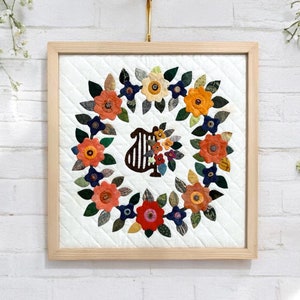 Handmade Applique Quilt Art - Framed Wall Hanging | 16&quot; x 16&quot; | Flower Garden - Flower wreath | Framed Quilted Wall Decor | Quilted Wall Art