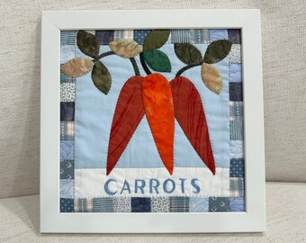Handmade Carrot Applique Quilt Art - Framed Vegetable Wall Hanging