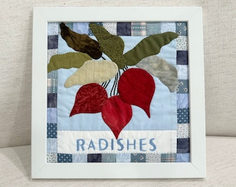 Handmade Radish Applique Quilt Art - Framed Vegetable Wall Hanging
