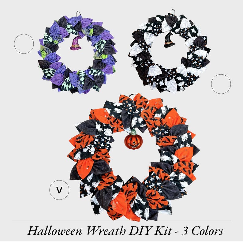 May include: Halloween wreath DIY kit with three color options: purple, black and white, and orange and black. Each wreath is made of fabric bows and features a Halloween-themed design.