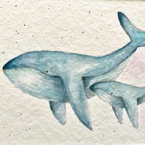 Wal mit Babywal , Aquarell, Kinderzimmer Kunst, Unikat, Original Gemälde, maritime Bilder, watercolour, Wal Illustration, Meerestiere