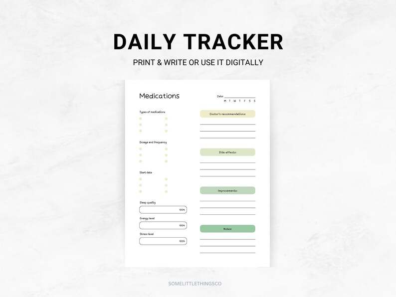 Medications Tracker Template, Printable &amp; Fillable PDF, Symptoms ...