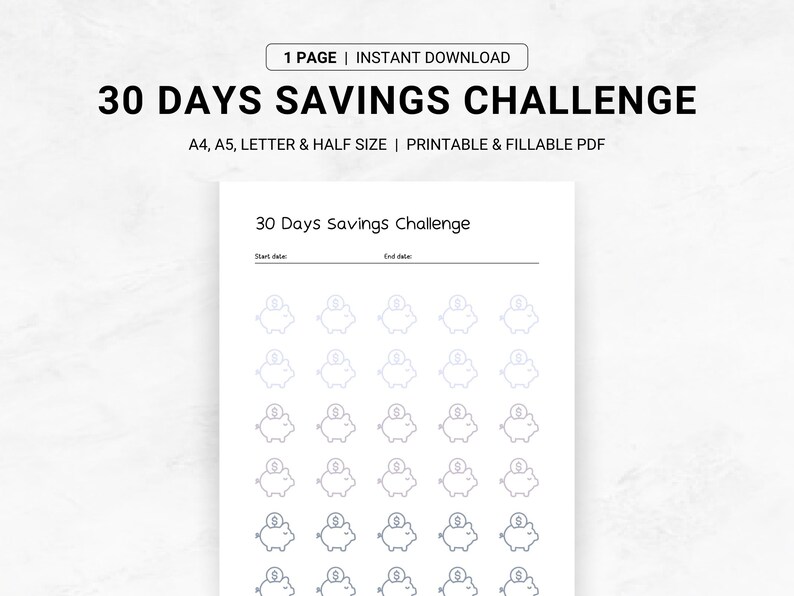 30 Days Savings Challenge Printable & Fillable PDF, Savings Tracker ...