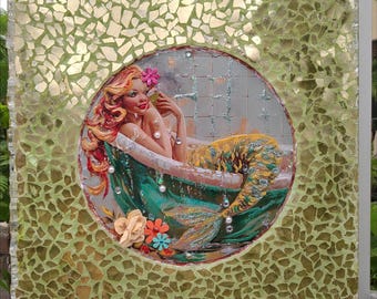 12"x12" Mermaid Wall Art on Wood Canvas | Iridescent Fire Glass, Acrylic, Crystal & Pearl Accents | Coastal Fantasy Home Décor