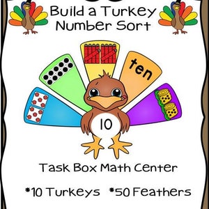 Könnte beinhalten: Eine druckbare Mathe-Aktivität zum Thema Thanksgiving für Kinder. Das Bild zeigt einen bunten Truthahn mit der Zahl 10 auf seiner Brust. Die Schwanzfedern des Truthahns sind verschiedene Zahlenrepräsentationen von 10, darunter zehn Kreise, zehn Stäbchen, das Wort "zehn" und zehn Maiskolben. Der Text "Build a Turkey Number Sort" befindet sich oben im Bild. Der Text "Task Box Math Center *10 Turkeys *50 Feathers Store in 4x6 task box" befindet sich unten im Bild.
