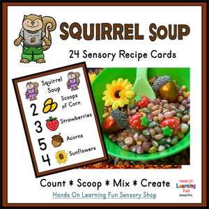 May include: A set of 24 Squirrel Soup sensory recipe cards featuring a cartoon squirrel, a list of ingredients including corn, strawberries, acorns, and sunflowers, and a green bowl filled with colorful sensory bin filler and plastic food items.