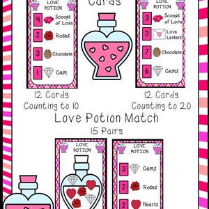 Puede incluir: Un juego de 15 cartas de juego de correspondencia con temática de San Valentín con una botella de poción de amor con diferentes ingredientes. Las cartas están diseñadas para contar hasta 10 y 20. Las cartas presentan ilustraciones de corazones, gemas, rosas, chocolate y cartas de amor.