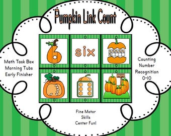 May include: A printable activity for children featuring a pumpkin with six seeds. The activity is labelled "Pumpkin Link Count" and includes the words "six", "Counting Number Recognition 0-10", "Fine Motor Skills Centre Fun!" and "Math Task Box Morning Tubs Early Finisher".