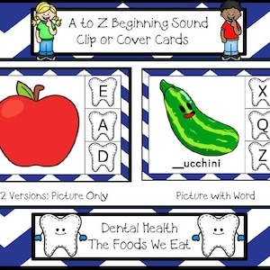 Alimentos de A a Z que comemos, som inicial, saúde bucal, Montessori, nutrição, pré-escola, educação especial, jardim de infância, cartões de clipe, habilidades para a vida