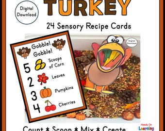 Feed the Turkey Sensory Bin Recipe Cards | Fall Counting Activity