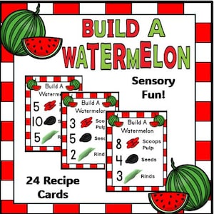 Puede incluir: Imagen cuadrada con un borde a cuadros rojo y blanco. El texto "BUILD A WATERMELON" en verde y rojo es visible. Tres tarjetas de recetas muestran componentes de sandía. También son visibles las palabras "Sensory Fun!" y "24 Recipe Cards".