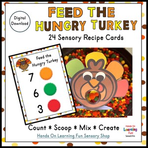Könnte beinhalten: Ein digitaler Download mit dem Titel Feed the Hungry Turkey mit 24 sensorischen Rezeptkarten. Das Bild zeigt einen Truthahn-Ausschnitt mit einer durchsichtigen Mitte, gefüllt mit bunten Pompons, neben einer Rezeptkarte mit Zahlen und Farben.
