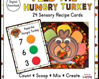 Feed the Hungry Turkey Sensory Bin Printable Activity Cards |  Counting Game | Fall Autumn Center