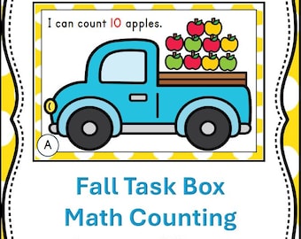 May include: A colourful educational title card for a fall-themed maths activity. The card features a blue truck carrying ten apples in red, green, and yellow. Text includes "Apple Counting" and "I can count 10 apples."