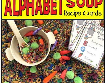Tarjetas con recetas de sopa de letras / Juego sensorial para preescolar (descarga digital)