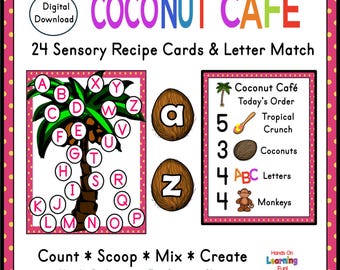 Coconut Cafe Sensory Recipe Cards & Alphabet Matching Preschool Activity