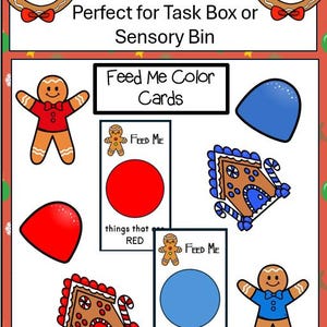 Könnte beinhalten: Ein farbenfrohes Lernspielset namens "Feed Me Color Sort". Das Bild zeigt Lebkuchenmänner und -häuser sowie Karten mit roten und blauen Kreisen. Text enthält "Feed Me Color Cards" und "things that are RED/BLUE".