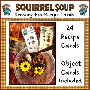 Peut inclure: Un ensemble de cartes de recettes pour bac sensoriel intitulé "Soupe d'écureuil". L'image montre un bol transparent rempli de haricots, de fleurs et d'autres éléments, avec des cartes de recettes et le texte "24 Cartes de recettes Cartes d'objets incluses."
