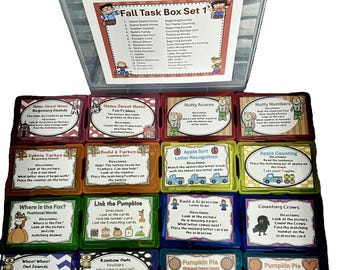 May include: A set of 16 colourful plastic boxes with autumn-themed activities for children. Each box has a different activity, such as counting acorns, sorting apples, building a scarecrow, and counting crows. The boxes are labelled with the activity and directions. The set is ideal for preschool and kindergarten classrooms.