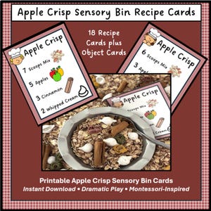 Puede incluir: Imagen de tarjetas de recetas de Apple Crisp Sensory Bin. Las tarjetas muestran ilustraciones de ingredientes como manzanas, canela y crema batida. La imagen también incluye un cuenco con materiales de caja sensorial y texto que dice "Printable Apple Crisp Sensory Bin Cards".