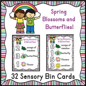 Può includere: Un set di 32 carte colorate per contenitori sensoriali con un tema primaverile con farfalle, fiori e sole. Le carte hanno numeri e parole come "scoops of meadow" e "butterflies".