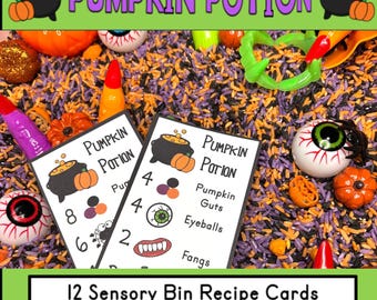 Halloween Sensory Bin Recipe Cards | Pumpkin Potion | Counting Cards | Math Center | Fall Autumn | Montessori | Party Game | Printable