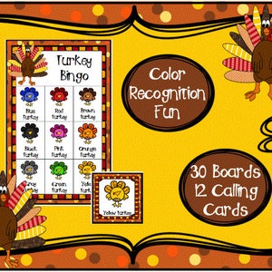 May include: A Thanksgiving-themed bingo game with 30 boards and 12 calling cards. The game features turkeys in various colors, including blue, red, brown, black, pink, orange, green, and yellow. The game is designed to help children learn color recognition.