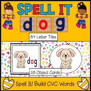 May include: Educational game set with the words "SPELL IT" at the top. The word "dog" is spelled out with letter tiles. Includes 84 letter tiles and 28 object cards. The image features a cartoon dog and the text "Spell It! Build CVC Words".