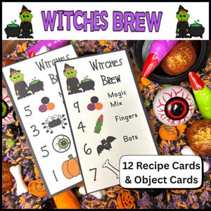 Puede incluir: Un cubo sensorial con temática de Halloween con tarjetas de recetas y objetos. Las tarjetas presentan ilustraciones de una bruja, un caldero y artículos de Halloween. El texto "Witches Brew" se muestra encima de las tarjetas. El conjunto incluye 12 tarjetas de recetas y objetos.