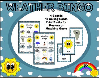 Weather BINGO l BINGO Activity | Weather BINGO Game l Weather Activity for Kids l Party Game l 30 Boards | Calling Cards | Bingo Markers