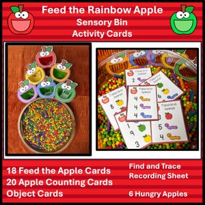 May include: A sensory bin activity set with the text "Feed the Rainbow Apple." The set includes apple-shaped cutouts, activity cards, and colourful objects. The image features a wooden bowl filled with colourful beads and pasta.