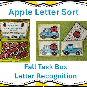 Centro de reconocimiento del alfabeto ABC de Apple Sort Caja de tareas de otoño Actividad de alfabetización Educación en el hogar Plan de estudios preescolar Jardín de infantes Juego de correspondencias Enseñar