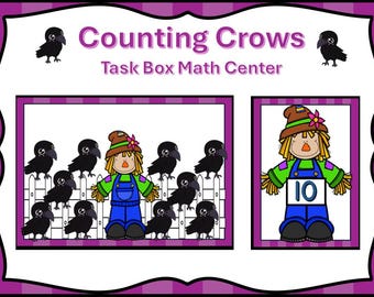 May include: A printable counting activity featuring a scarecrow with the number 10 on a sign and 10 black crows on a fence. The title of the activity is "Counting Crows" and "Task Box Math Centre".