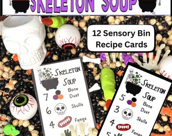 Halloween Sensory Bin Recipe Cards | Skeleton Soup | Counting Activity | Math Center | Fall Autumn | Montessori | Party Game | Printable