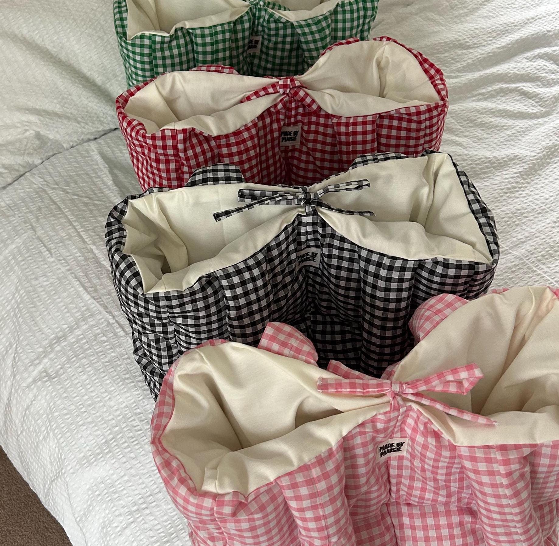 Black Gingham Hand-quilted Puffy Bubble Tote Bag, Handmade