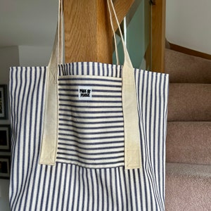 Classic navy stripe tote bag, handmade, lined with cream lining fabric, pocket on the outside, shopping bag, shoulder bag, gift for her