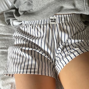 Navy striped handmade women&#39;s boxer shorts with elastic waistband, pyjama shorts, multiple colours
