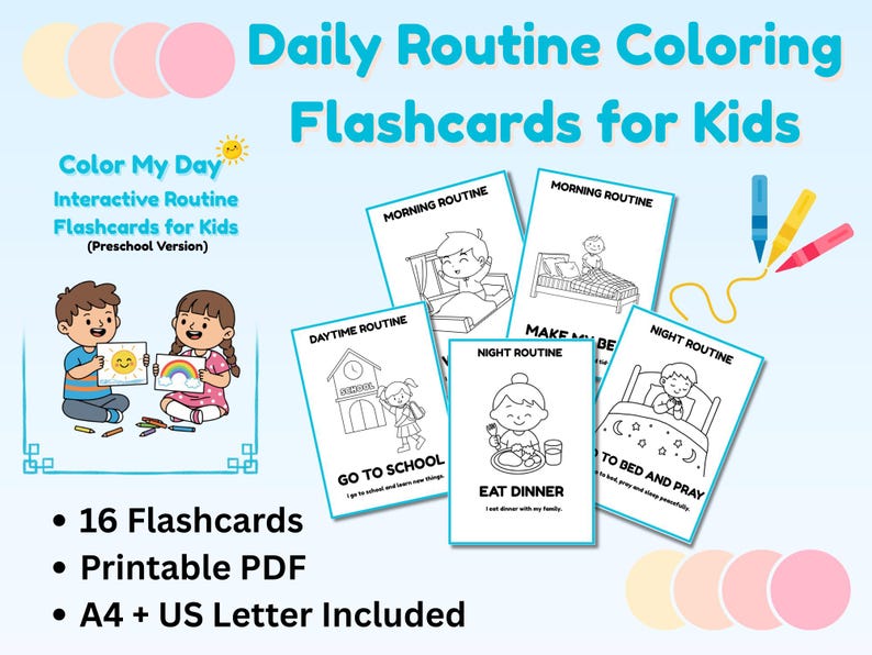 Daily Routine Coloring Flashcards for Kids | Preschool Visual Schedule ...