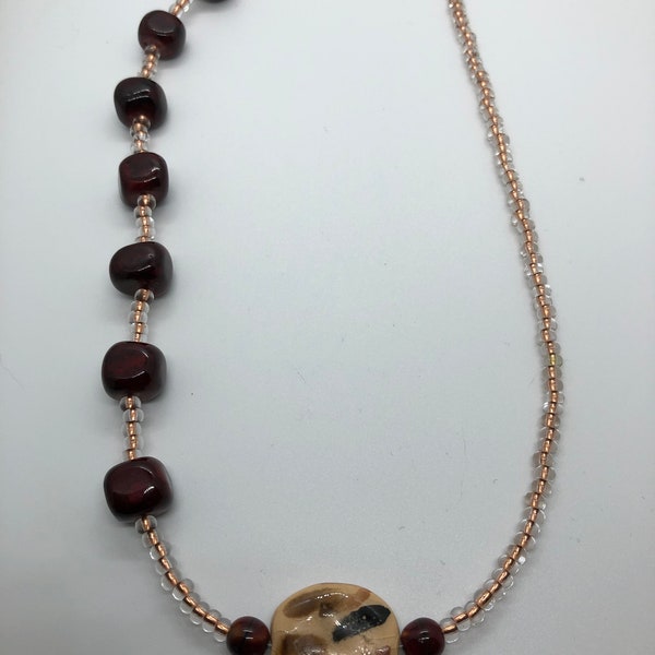 Asymmetric Necklace( 20 inches long), red/brown agate, Kazuri bead, Copper, Seed beads,