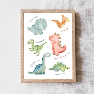Impresión de dinosaurios, impresión de dinosaurios en acuarela, decoración de pared para guardería, arte de pared para dormitorio infantil, arte de pared de dinosaurios, póster con nombres de dinosaurios