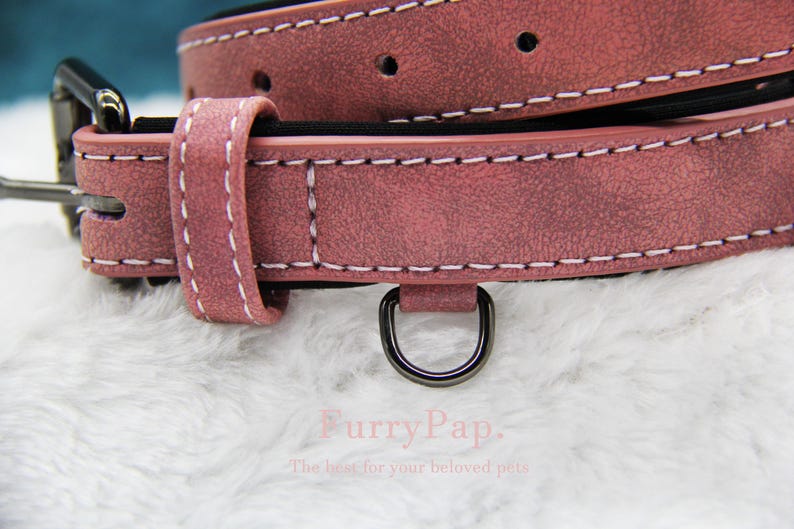 May include: A pink leather dog collar with white stitching and a silver D-ring. The collar is made of a soft, textured material.