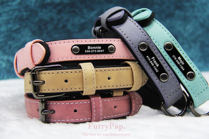 May include: Three leather dog collars in pink, light blue and grey with black metal buckles and personalised name tags. The name tags have the names "Bonnie", "Frank" and "Mojo" with phone numbers.